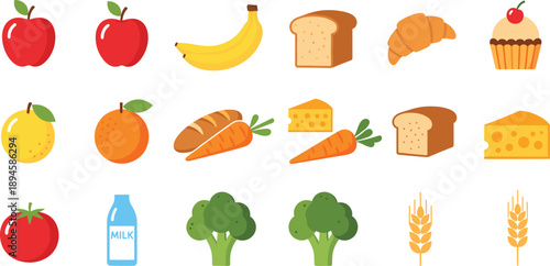 Colorful flat food icons set with fruits, vegetables, bread, dairy, and bakery products isolated on white