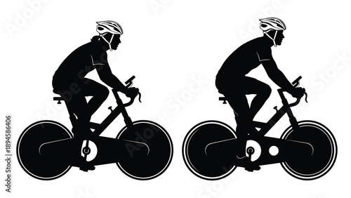 Black silhouette of man and woman riding stationary exercise bikes, indoor cycling workout, fitness training, isolated on white background, vector.