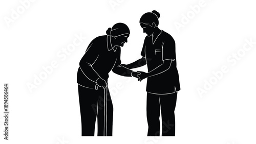 Caregiver Assisting Elderly Person Silhouette Representing Compassionate Home Care and Support Services Vector Illustration
