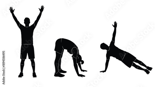 Black silhouette of Muslim men kneeling and praying in a row on a curved arch isolated on white background for Islamic religious design concepts,