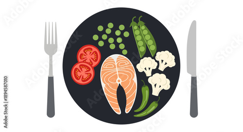 A stylized top-down vector illustration depicts a balanced meal on a dark plate featuring a salmon steak, sliced tomatoes, peas, cauliflower, and chilies, set between a grey fork and knife