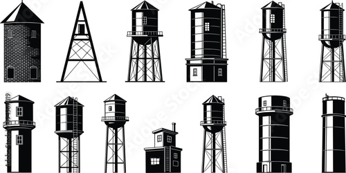 Industrial water tower silhouette collection, vintage steel tanks and elevated storage structures set, black architectural infrastructure icons isolated on white background illustration
