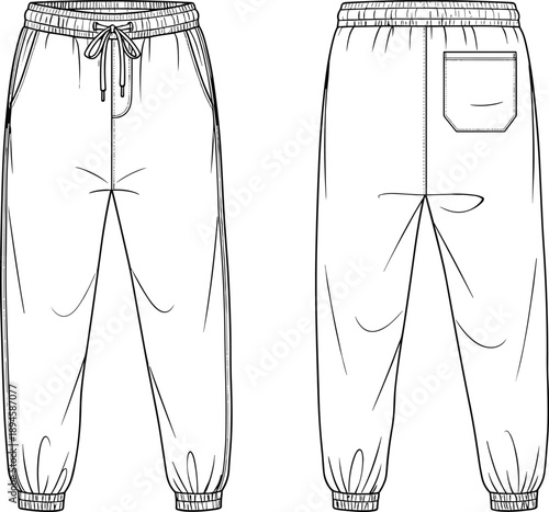Jogger pants technical sketch illustration showing front and back views, elastic waist sweatpants template outline for fashion design, apparel production, tailoring, and clothing manufacturing