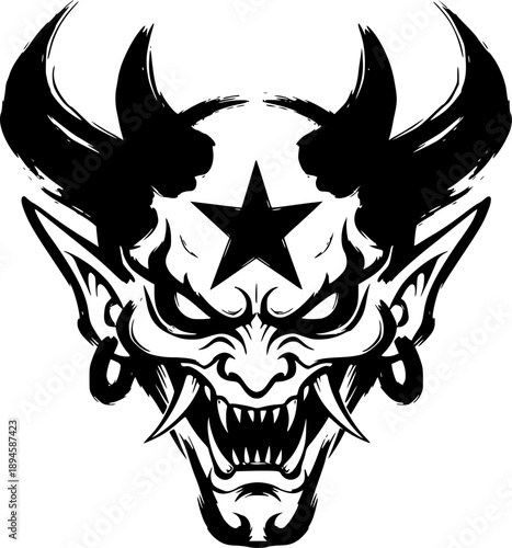 Stylized demonic entity portrait in sumi-e style brushwork, star
