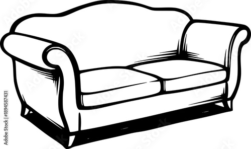 Elegant sofa illustration in Sumi-e style with simple brush stro
