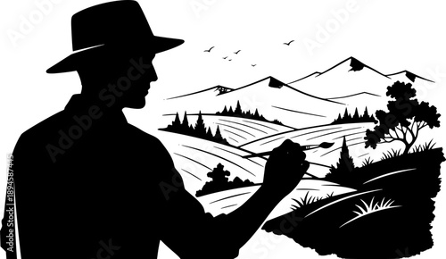 Silhouette Artist Depicting a Scenic Black and White Ink Wash La
