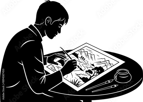 Silhouette Artist Depicting a Scenic Black and White Ink Wash La
