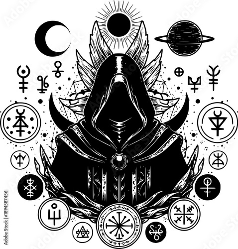 Hooded Esoteric Figure with Alchemical and Celestial Symbols