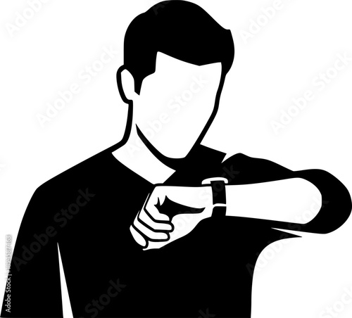 Abstract monochrome man checking time on wristwatch, minimalist
