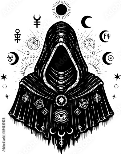 Hooded Esoteric Figure with Alchemical and Celestial Symbols