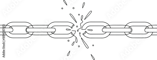 Broken chain with shatters as symbol of strength and freedom. Sketch of metal chains. Minimalist line art illustration of a broken metal chain links isolated on white background. 