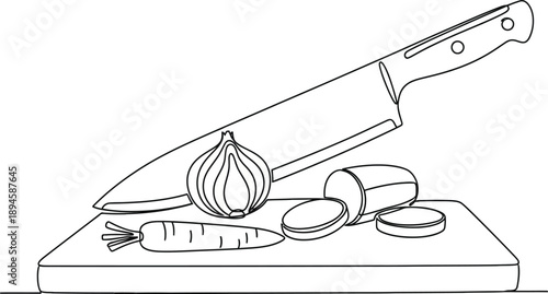 Illustration of Knife with Chopping Board Carrot, cucumber and Onion for Culinary Art Projects. Line drawing of a chef's knife and vegetables on a cutting board. 