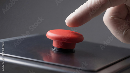 Schilderij op canvas Red Emergency Stop Button Being Pressed by Finger