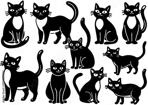 A collection of black and white cat silhouettes in various poses Vector