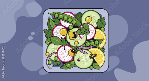 Fresh vegetable salad in square bowl with cucumber and radish vector illustration