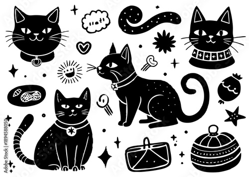 Enchanting black cats with whimsical accessories Vector