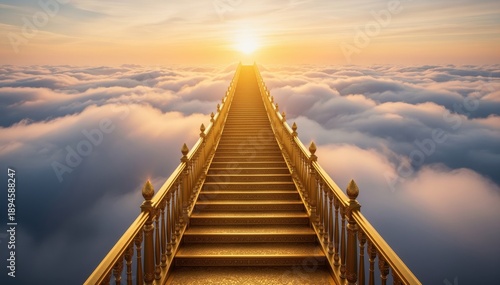 Golden Path to Enlightenment: Ascend a golden staircase that stretches towards a brilliant sun, a metaphor for aspiration, faith, and the endless pursuit of knowledge and spiritual growth.