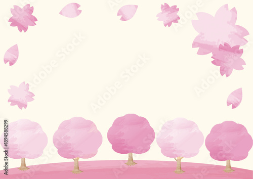 桜並木の手描き水彩イラストフレーム　春のコピースペース背景　お花見や入学式の招待状用デザイン素材