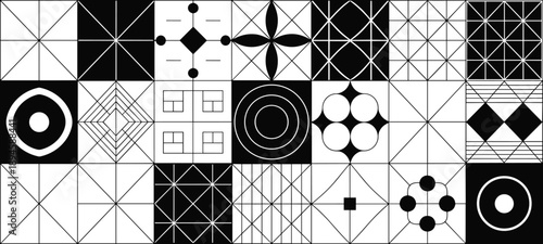 Abstract geometric patterns and shapes in monochrome design collection