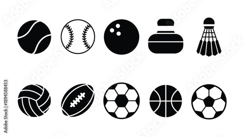 Collection of Black and White Sports Equipment Icons