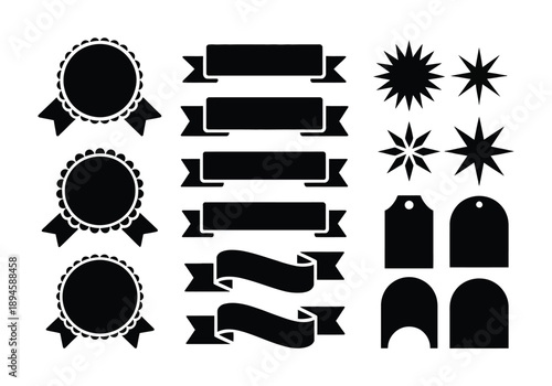 Collection of Black Vector Icons: Ribbons, Awards, Stars, and Tags