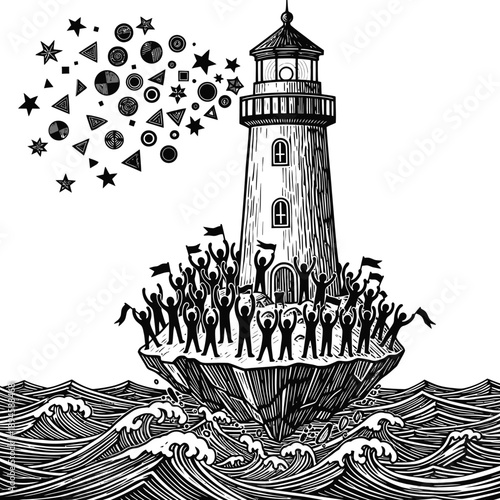 Linocut Black Vector Floating Lighthouse Emitting Stars Abstract Shapes Miniature Figures Celebration Icon