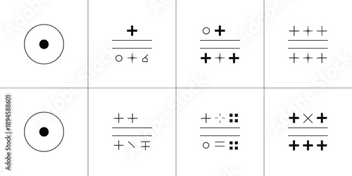 Abstract symbolic monochrome icons with plus and minus variations