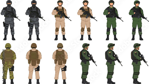 Military soldiers character set illustration showing front back and side views with modern combat uniforms weapons and tactical gear in detailed vector style