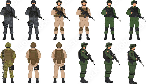 Military soldiers in different combat uniforms and tactical gear shown from multiple angles, modern army infantry characters set, armed forces illustration