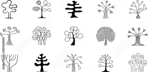 Natural set of green trees and flowers illustration featuring vector leaf patterns, forest silhouettes, and spring branch shapes for a medical symbol or floral art design