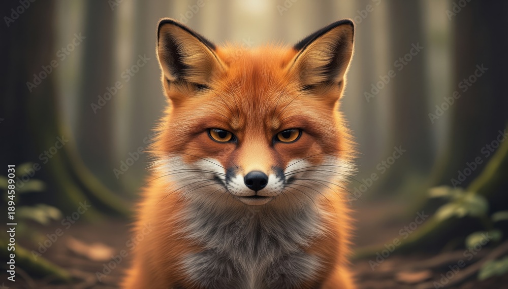 Fototapeta premium The Fox's Gaze: A captivating portrait of a red fox, its fiery fur contrasting with the serene forest backdrop, draws the viewer into its world, where nature's beauty meets untamed wilderness.