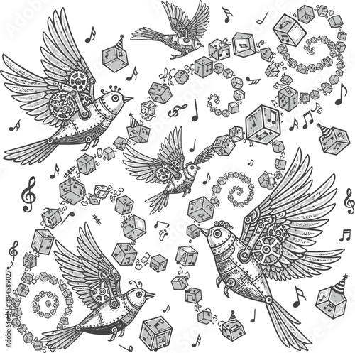 Linocut Black Vector Mechanical Birds With Gear Wings Flying Through Spirals Party Celebration vector