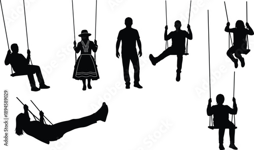People swinging silhouette illustration set, men and women enjoying playground swings in different poses, leisure activity, freedom, and fun concept isolated on white background