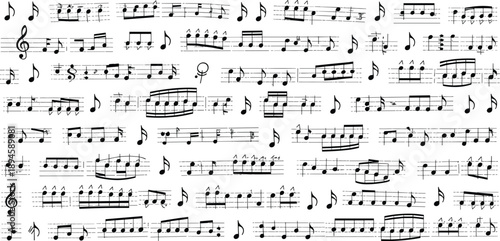 Seamless pattern featuring music notes and letters integrated with black domino pieces and dice in a row for a playful gambling game concept