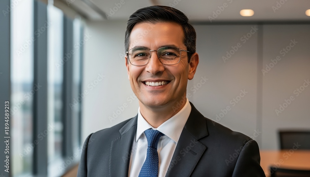 Fototapeta premium Confident Executive Portrait: A poised executive in a sophisticated business suit exudes confidence, captured in a bright office environment.
