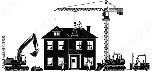 Silhouette illustration of residential house construction with crane, excavator, workers, and heavy machinery showing home building, renovation, and architectural development process concept vector 