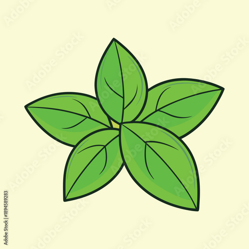 A cartoonish illustration of fresh, vibrant green basil leaves, very simple
