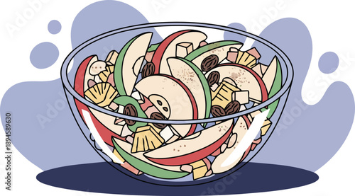 Fresh fruit salad in glass bowl with apple slices and raisins vector illustration