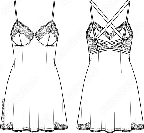 Women lingerie nightdress technical sketch illustration showing front and back views, lace slip dress apparel template outline for fashion design, garment production, and clothing manufacturing