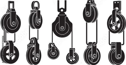 Set of various pulleys and wheels in black and white