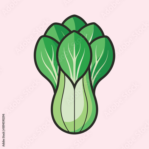 Stylized cartoon illustration of vibrant green bok choy vegetable on pink background