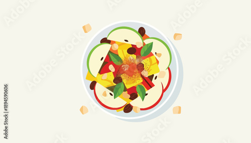 Top view of fresh apple salad on plate with mint and nuts vector illustration