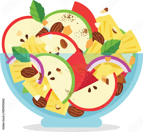 Colorful fruit salad in glass bowl with mint and apples vector illustration
