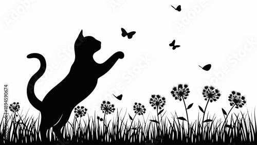 Curious cat chasing colorful butterflies in sunny meadow