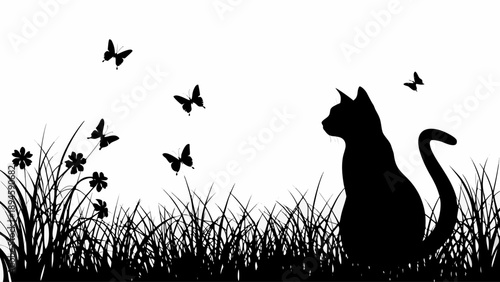 Curious cat watching butterflies in a sunny meadow scene