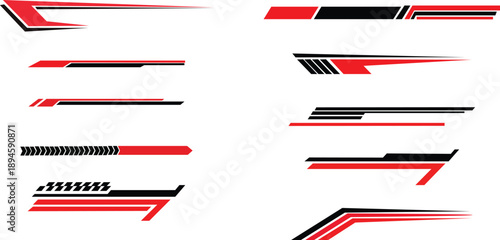modern racing stripes speed lines vector graphics red black white horizontal decals isolated on white background.
