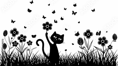 Playful cat catching butterflies in a vibrant flower garden