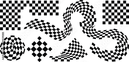 Abstract geometric checkerboard patterns with dynamic distortions and swirls