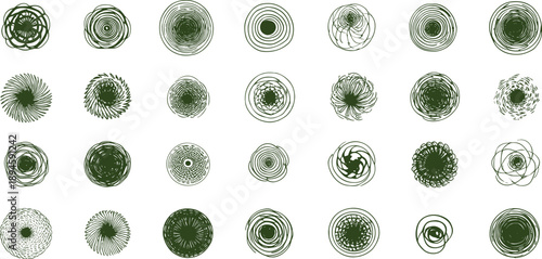 Abstract handdrawn spiral and circular patterns collection isolated