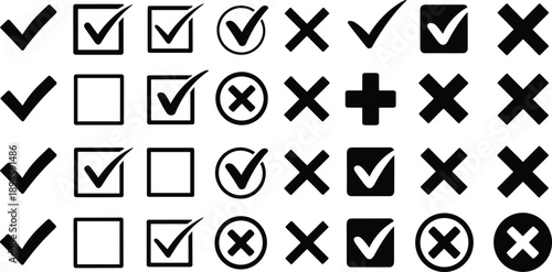 Collection of checkmarks and crosses in various styles and designs